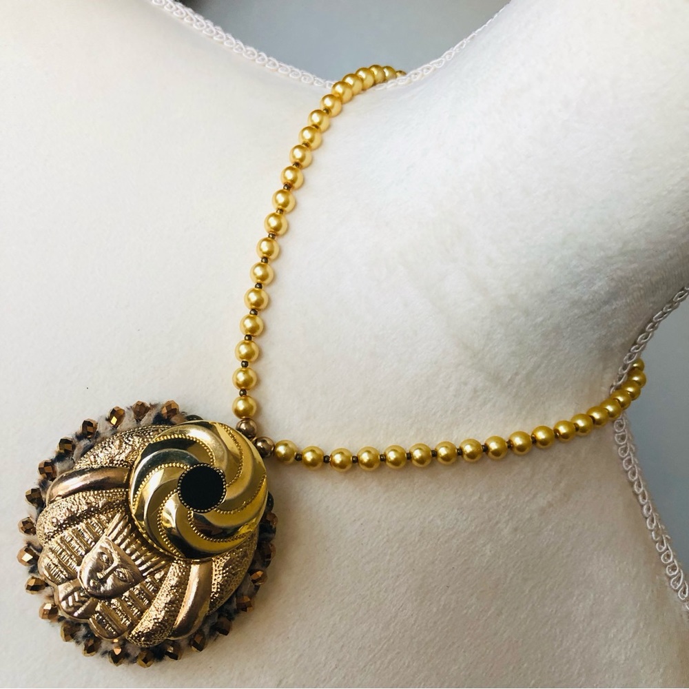 Handcrafted repurpose Egyptian medallion pendant Czech glass Pearl necklace